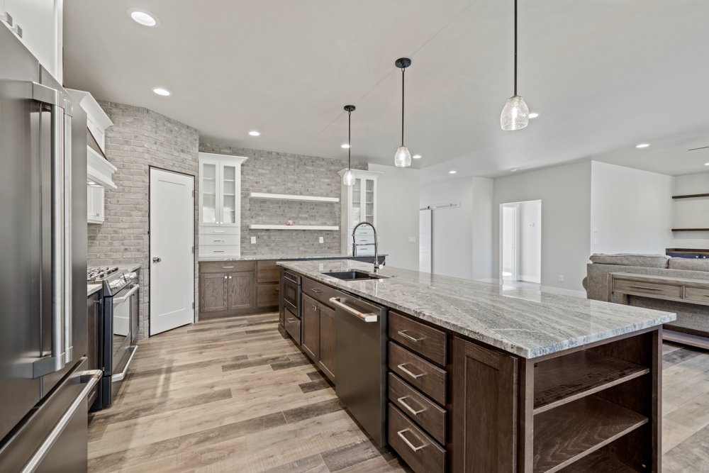 Kitchen island viewed from the living area