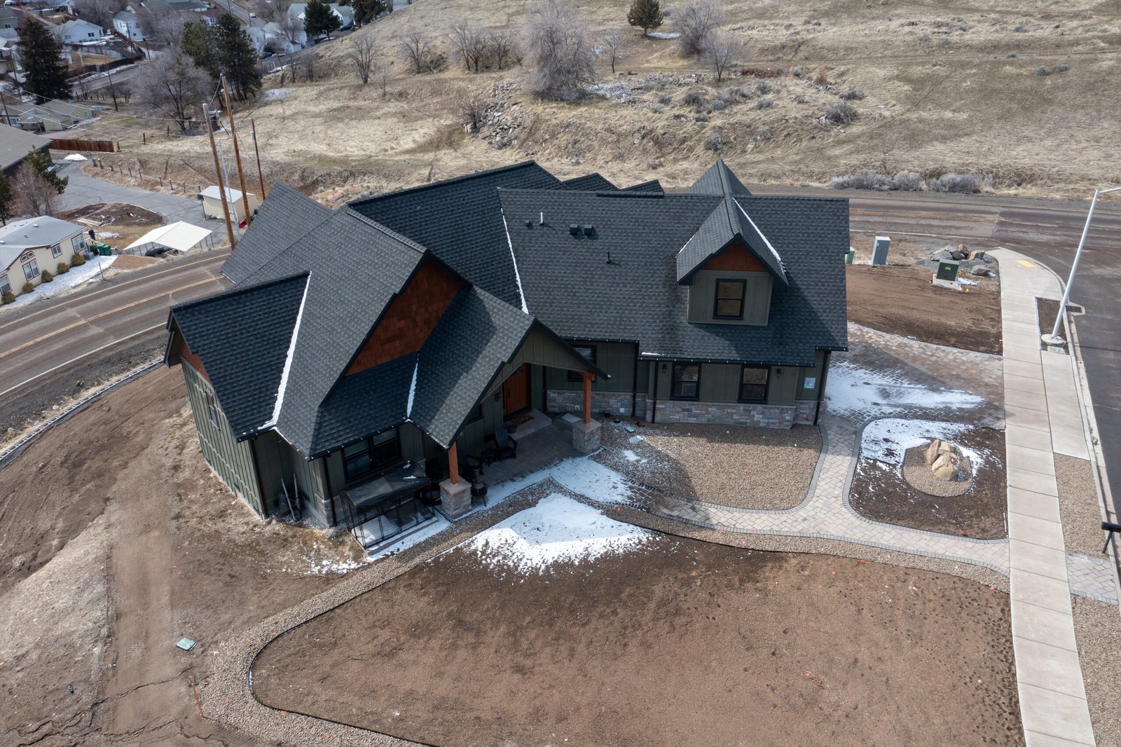 Aerial front view of the craftsman home