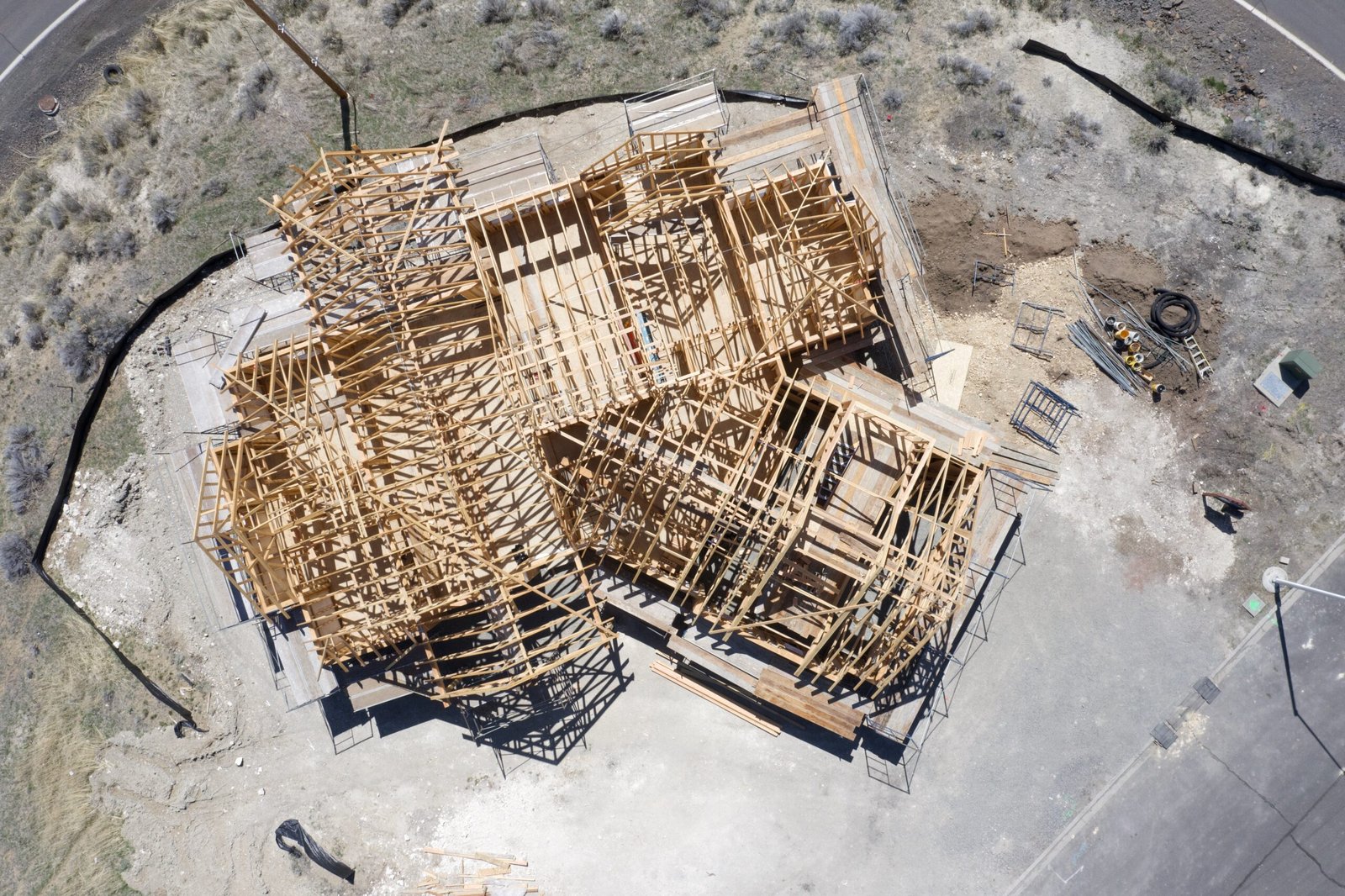 Overhead view of roof framing during construction