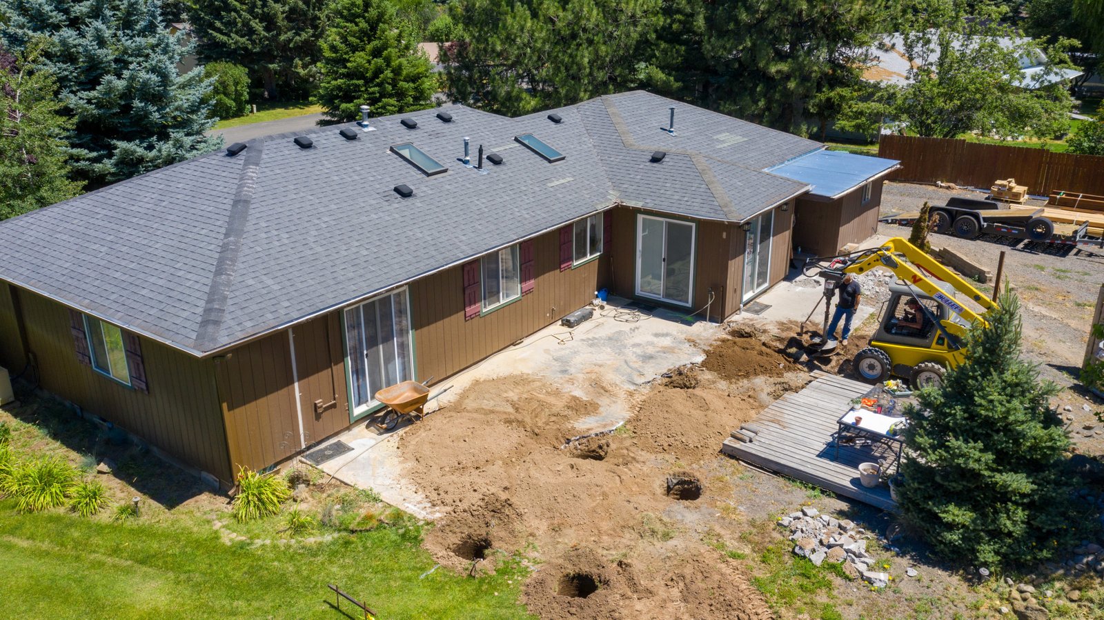 Oblique aerial view of the backyard work area
