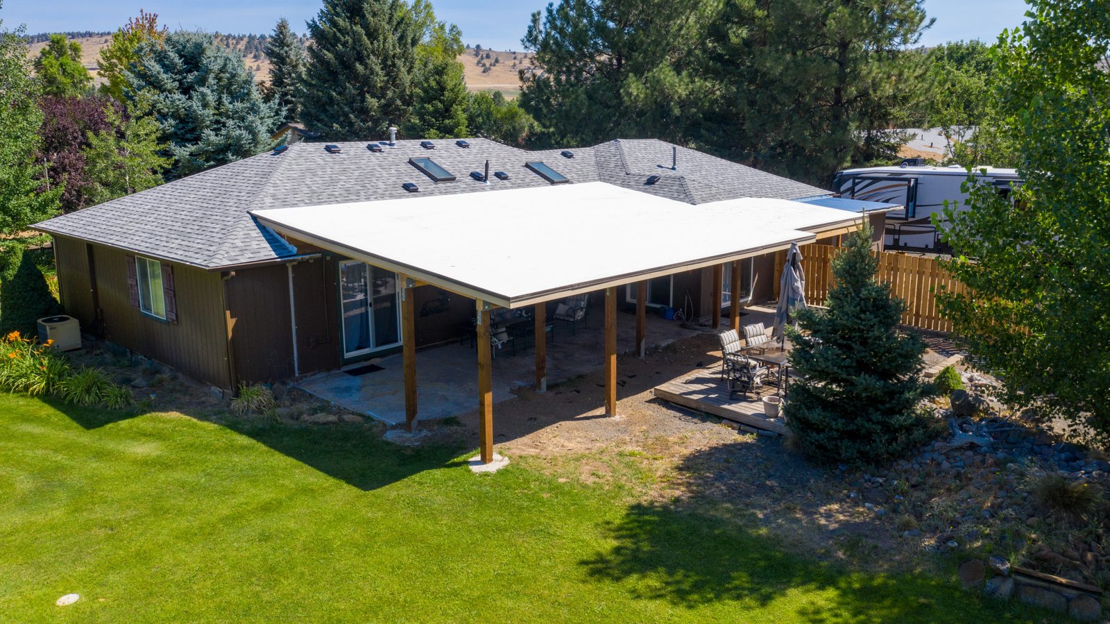 Aerial view of the finished covered patio roof