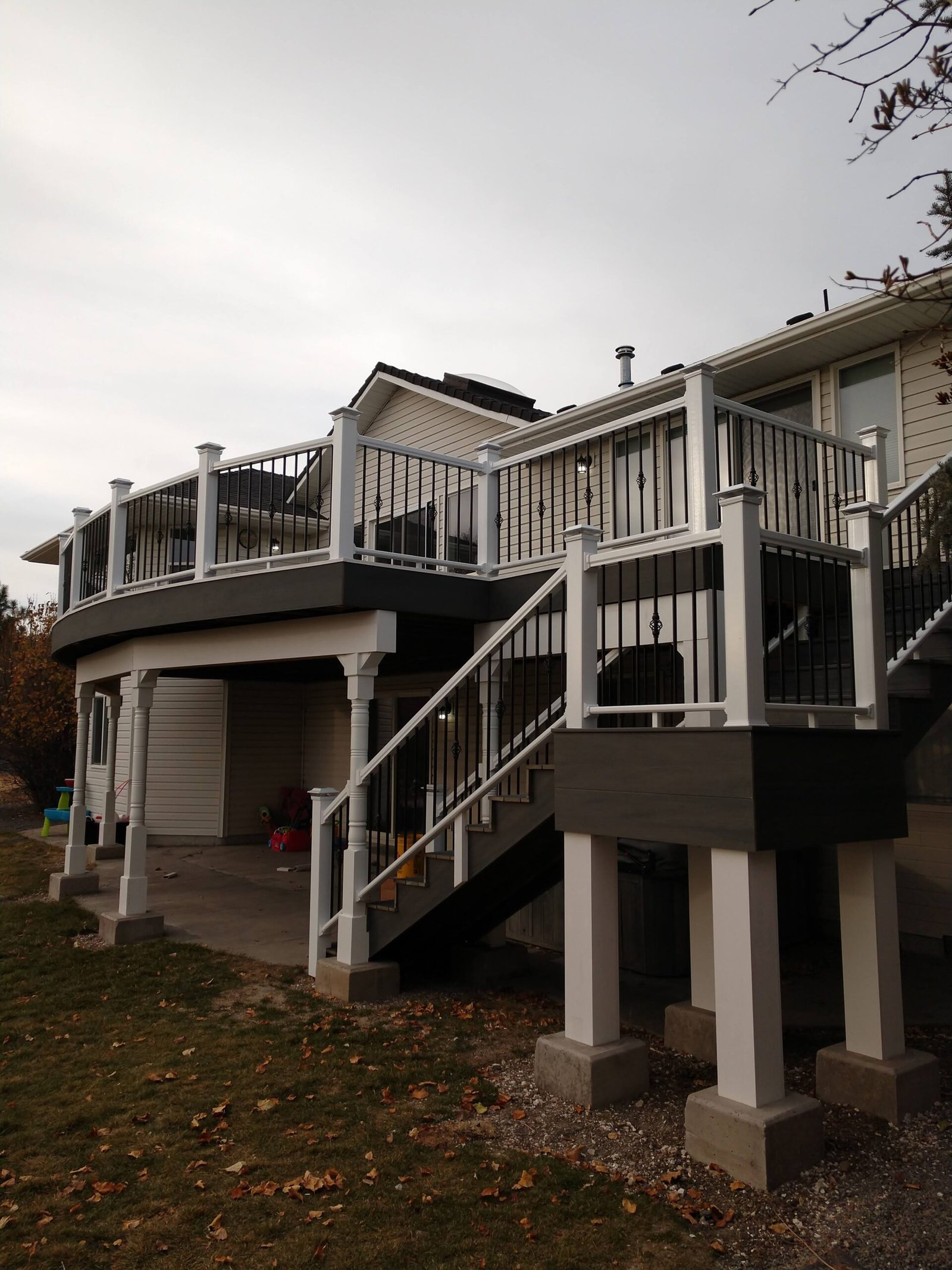 Elevated deck and stairs viewed from the yard